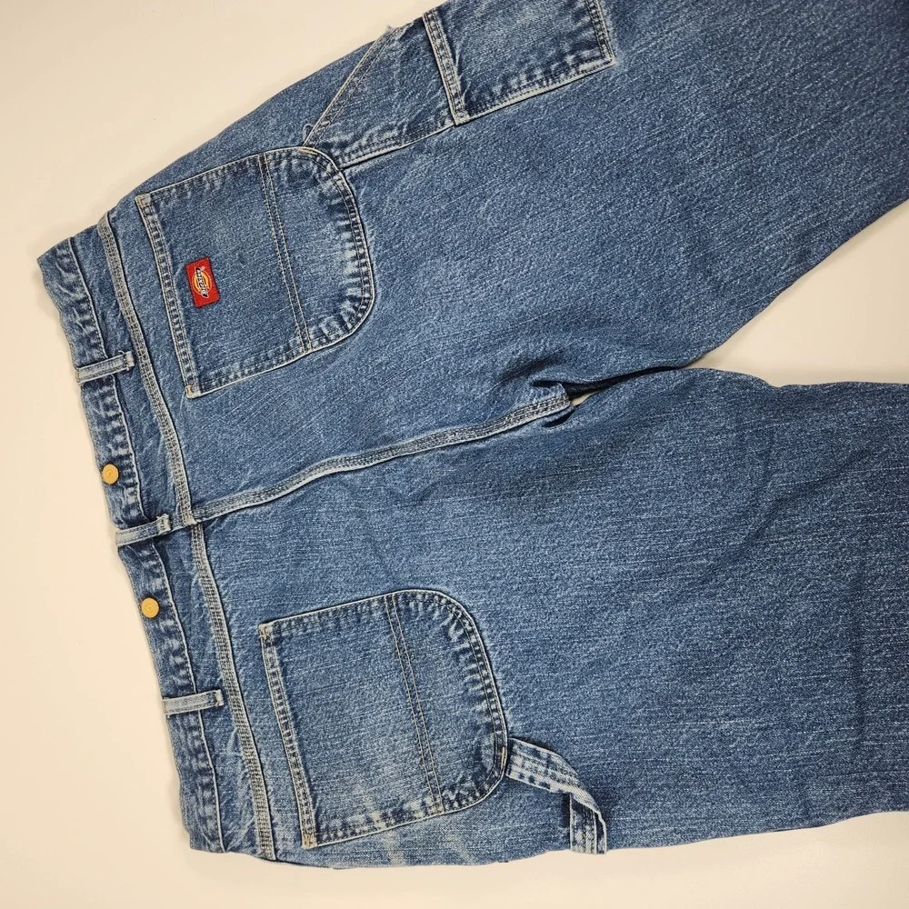 Dickies Suspender Carpenter Jeans 42x27 Denim Work Utility‎ Pants Blue *Hemmed*